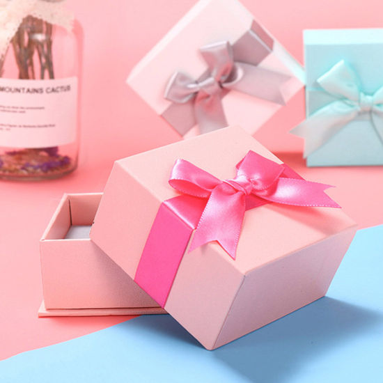 Picture of Paper Jewelry Gift Boxes Square Pink Bowknot Pattern 7.5cm x 7.5cm x 4.5cm , 2 PCs