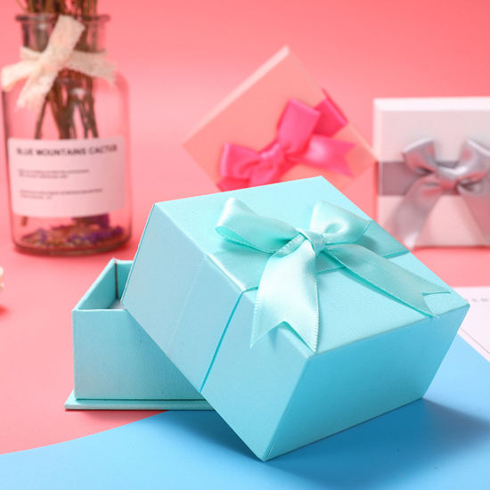 Picture of Paper Jewelry Gift Boxes Square Skyblue Bowknot Pattern 7.5cm x 7.5cm x 4.5cm , 2 PCs