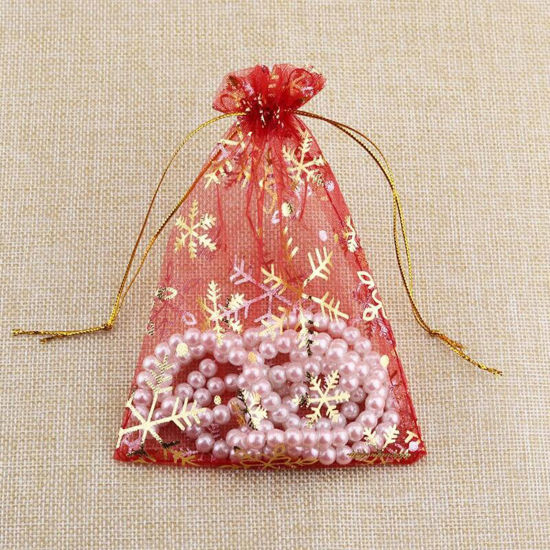 Picture of Organza Christmas Jewelry Bags Red Snowflake 9cm x 7cm, 20 PCs