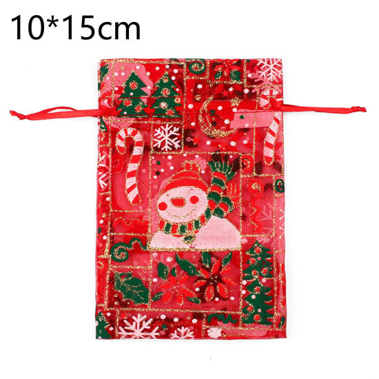 Изображение Органза Сумки на шнурке Прямоугольник Разноцветный с узором “ Рождественский Снеговик ” 15см x 10см 10 ШТ
