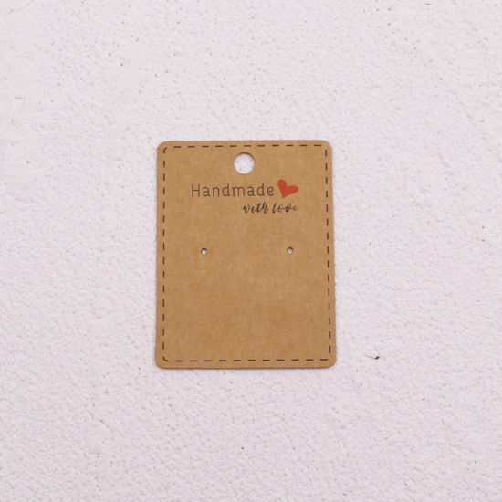 Image de Papier Carte Présentoir à Bijoux de Boucles d'Oreilles en Papier Rectangle Brun Message" Hand Made " 6.5cm x 5cm, 50 Pcs