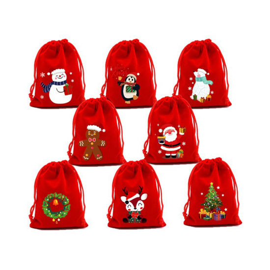 Bild von 10 Stück Veloursamt Weihnachten Kordelzugtasche Rot Rechteck Zufällig gemischt 18cm x 13cm