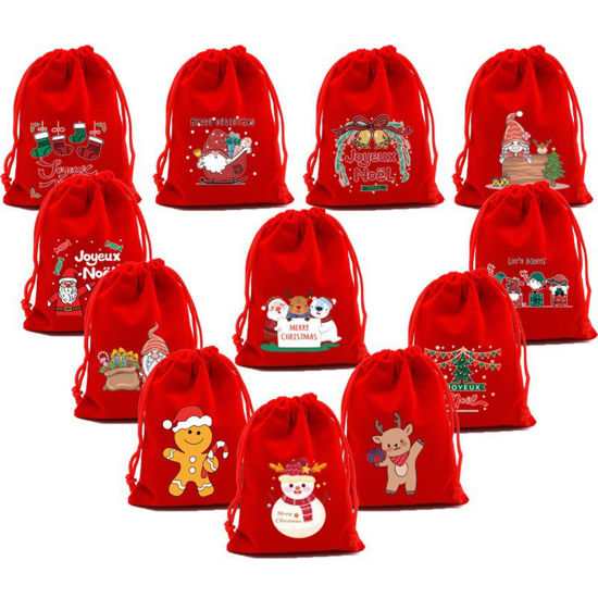 Bild von 10 Stück Veloursamt Weihnachten Kordelzugtasche Rot Rechteck Zufällig gemischt 12cm x 9cm