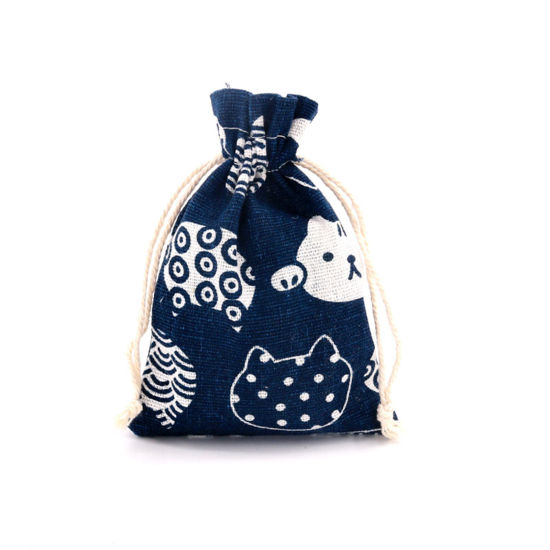 Picture of 10 PCs Cotton Drawstring Bags Navy Blue Rectangle Cat 16cm x 14cm