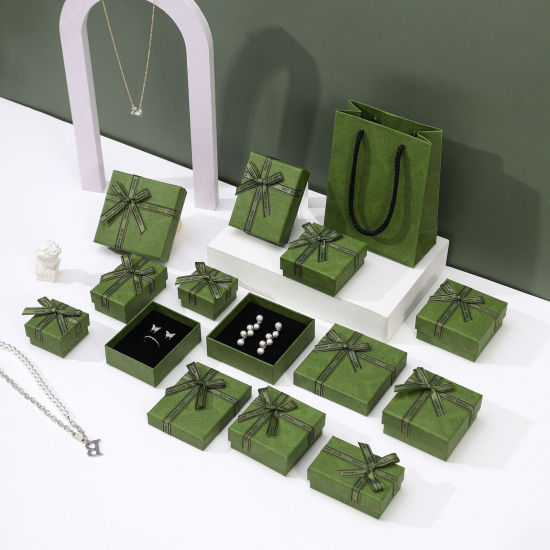 Image de 2 Pcs Boîte à bijoux en Papier Carré Vert Nœuds Papillons 5cm x 5cm x 3cm