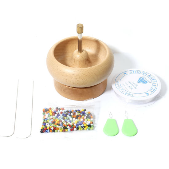 Picture of 1 Set Wood Bead Spinner For Seed Bead String Tool Jewelry Making Bowl Natural 9.5cm x 9cm