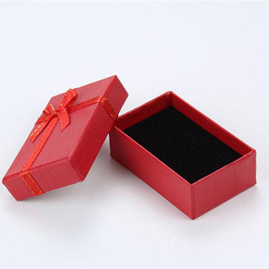 Picture of 6 PCs Pearlescent Paper Jewelry Box Rectangle Red Bowknot Pattern 8cm x 5cm