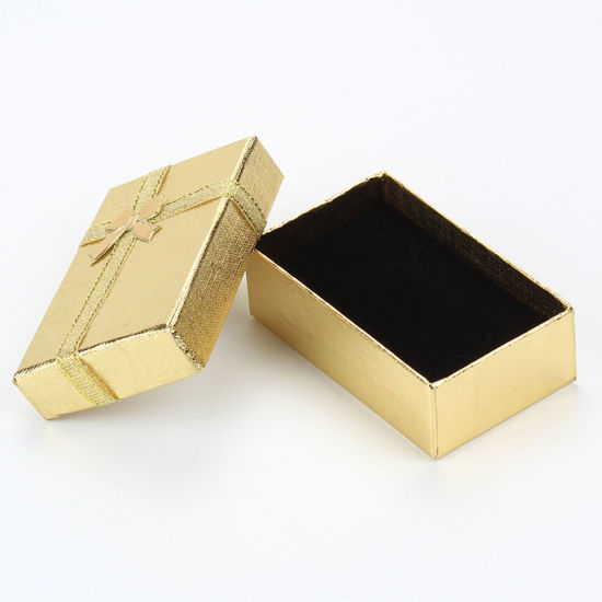 Picture of 6 PCs Pearlescent Paper Jewelry Box Rectangle Golden Bowknot Pattern 8cm x 5cm
