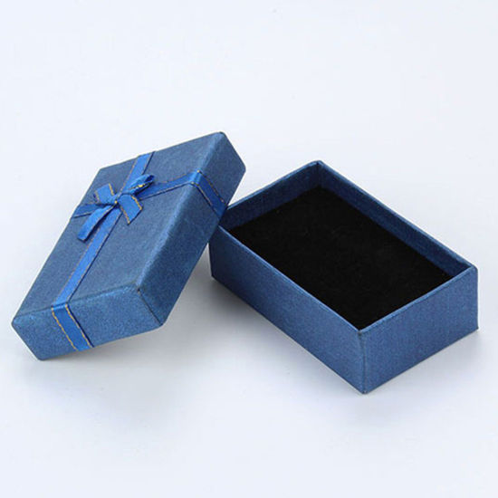Picture of 6 PCs Pearlescent Paper Jewelry Box Rectangle Dark Blue Bowknot Pattern 8cm x 5cm