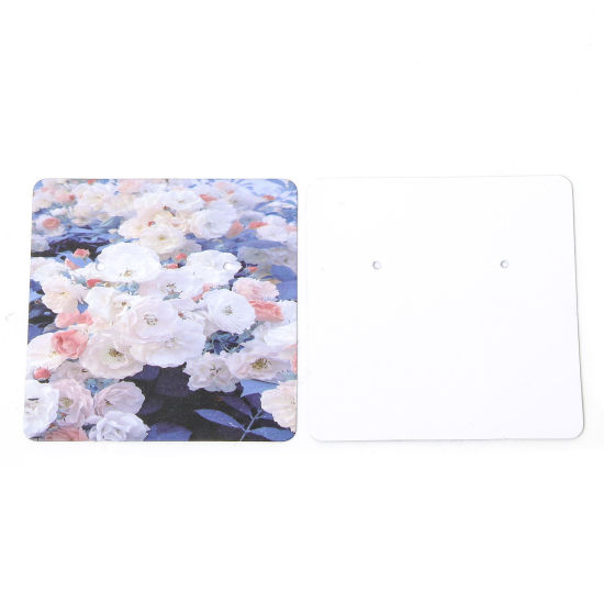 Image de 50 Pcs Papier Carte Présentoir à Bijoux de Boucles d'Oreilles en Papier d'Art Carré Blanc & Bleu Fleurs 6cm x 6cm