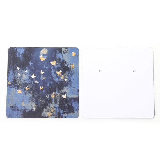 Image de 50 Pcs Papier Carte Présentoir à Bijoux de Boucles d'Oreilles en Papier d'Art Carré Bleu Foncé Papillons 6cm x 6cm