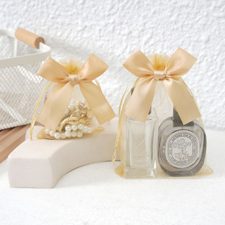 Image de 10 Pcs Sac à Cordon en Organza Nœuds Papillon Champagne Or 30cm x 20cm