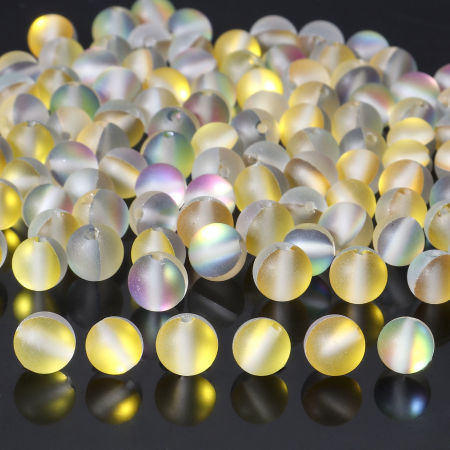 Image de 100 Pcs Perle Polaris Imitation en Verre Rond Jaune Translucide Givré, Env. 8mm Dia, Trou: 0.9mm
