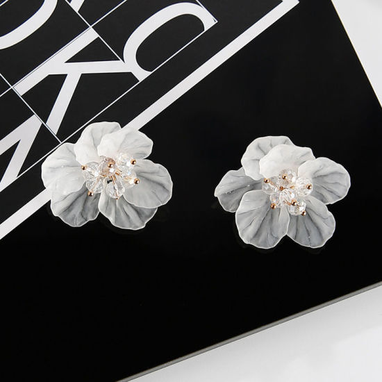 Picture of Ear Post Stud Earrings White Flower Faceted 4cm x 4cm, Post/ Wire Size: (20 gauge), 1 Pair