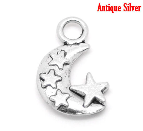 Picture of Zinc Based Alloy Charms Half Moon Antique Silver Color Star Carved 20mm( 6/8") x 12mm( 4/8"), 60 PCs