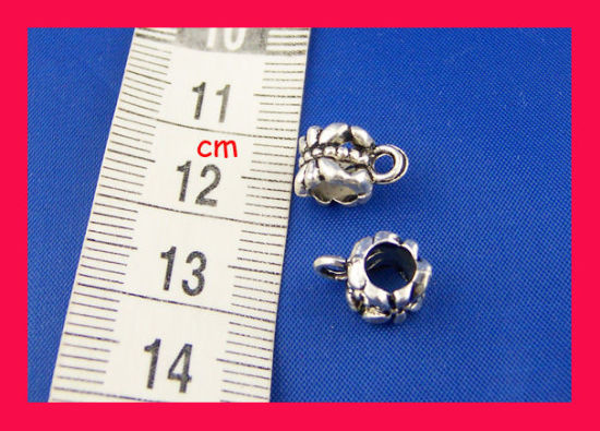 Picture of Zinc Based Alloy European Style Bails Beads Cylinder Antique Silver Color Pattern Hollow 11mm x 8mm, 50 PCs