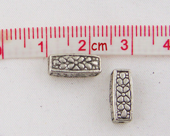 Bild von Zinklegierung Zwischenperlen Spacer Perlen Rechteck Antiksilber Blumen ca. 12mm x 4mm, Loch:ca. 1.9mm, 40 Stück