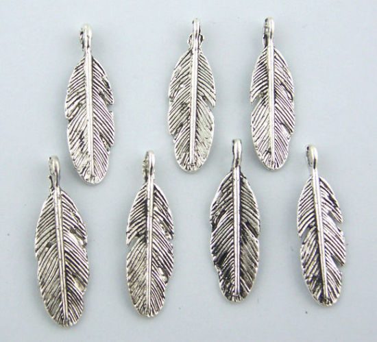 Picture of 45PCs Tibetan Silver Feather Pendants Findings 9*30mm