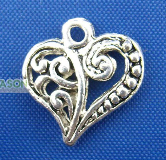 Immagine di Lega di Zinco Charm Ciondoli Cuore Argento Antico Modello Disegno 14.0mm x 13.0mm, 50 Pz