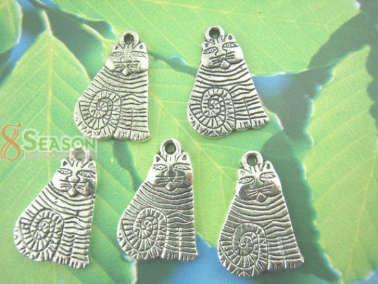 Image de Pendentifs  en Alliage de Zinc Chat Gravé Argent Vieilli 21mm x 13mm, 30 Pcs