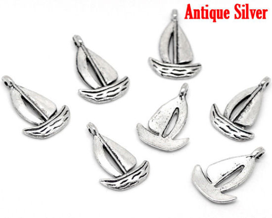 Immagine di Lega di Zinco Charm Ciondoli Nave Argento Antico Nulla Disegno 19.0mm x 13.0mm, 50 Pz