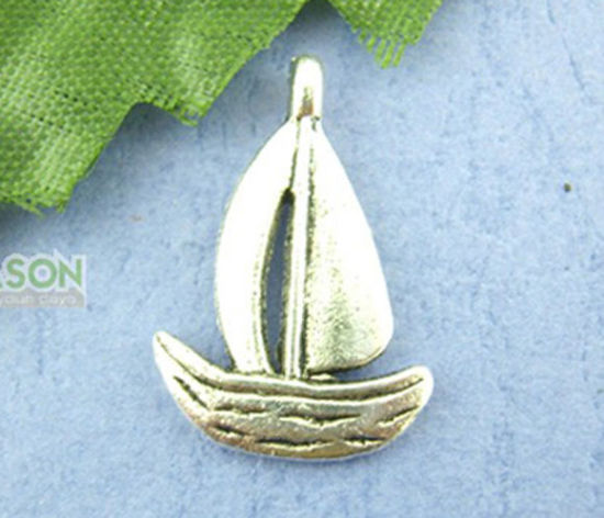 Immagine di Lega di Zinco Charm Ciondoli Nave Argento Antico Nulla Disegno 19.0mm x 13.0mm, 50 Pz