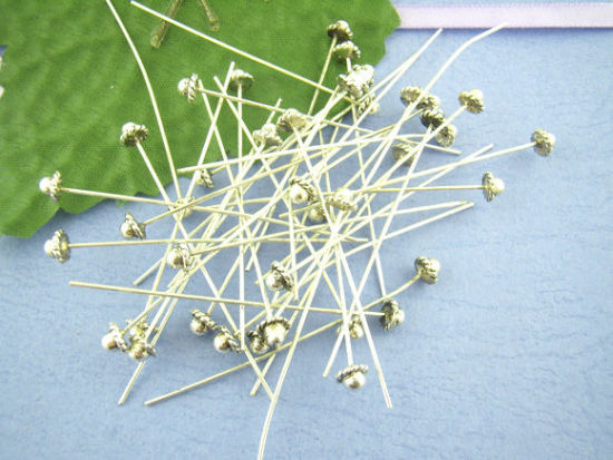 Picture of Zinc Based Alloy Ball Head Pins Antique Silver Color 5.5cm(2 1/8") long, 0.7mm (21 gauge), 30 PCs