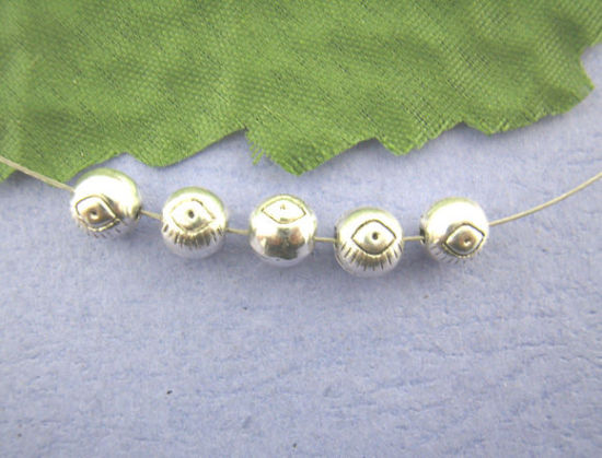 Picture of Zinc Based Alloy Spacer Beads Ball Antique Silver Color Eye Carved About 6mm Dia, Hole:Approx 1.3mm, 70 PCs