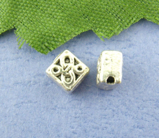 Bild von Zinklegierung Zwischenperlen Spacer Perlen Quadrat Antiksilber Geschnitzte Muster Farbe Plattiert ca. 5mm x 5mm, Loch:ca. 1mm, 120 Stück