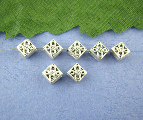 Bild von Zinklegierung Zwischenperlen Spacer Perlen Quadrat Antiksilber Geschnitzte Muster Farbe Plattiert ca. 5mm x 5mm, Loch:ca. 1mm, 120 Stück