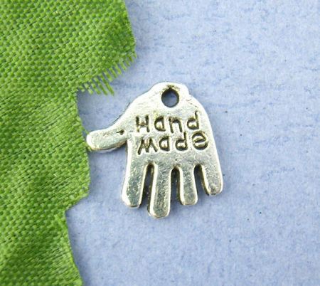 Bild von Zinklegierung Charms Anhänger Handfläche Antiksilber Message "Hand Made" 11x12mm, 80 Stück
