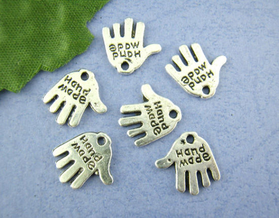 Immagine di Lega di Zinco Charm Ciondoli Palmo Argento Antico Lettere Disegno Messaggio Hand made Intagliato 12.0mm x 11.0mm, 80 Pz