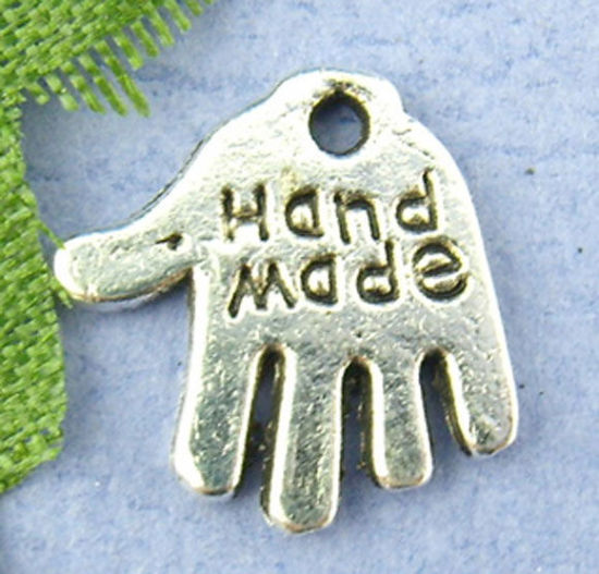 Immagine di Lega di Zinco Charm Ciondoli Palmo Argento Antico Lettere Disegno Messaggio Hand made Intagliato 12.0mm x 11.0mm, 80 Pz
