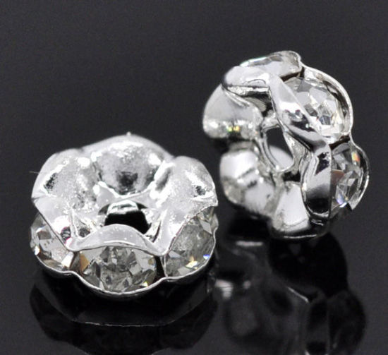 Picture of Brass Rondelle Spacer Beads Round Silver Plated Clear Rhinestone About 8mm( 3/8") Dia, Hole:Approx 1.6mm, 25 PCs                                                                                                                                              