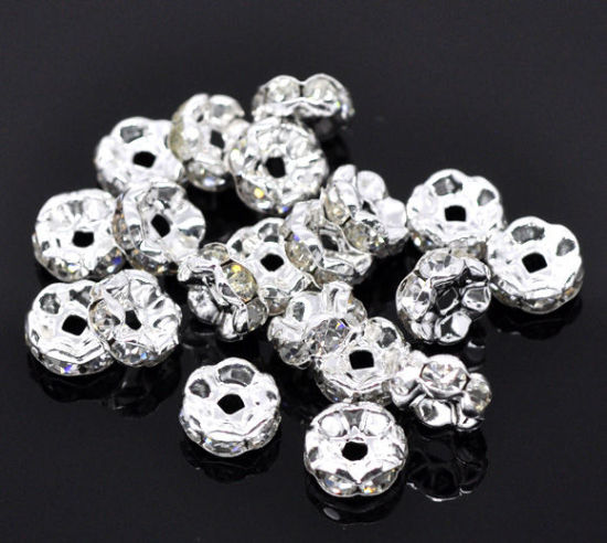 Picture of Brass Rondelle Spacer Beads Round Silver Plated Clear Rhinestone About 8mm( 3/8") Dia, Hole:Approx 1.6mm, 25 PCs                                                                                                                                              