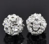 Picture of Brass Spacer Beads Ball Silver Plated Clear Rhinestone About 10mm( 3/8") Dia, Hole:Approx 1.2mm, 10 PCs