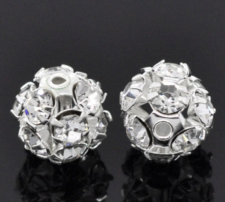 Brass Spacer Beads Ball Silver Plated Clear Rhinestone About 10mm( 3/8") Dia, Hole:Approx 1.2mm, 10 PCs