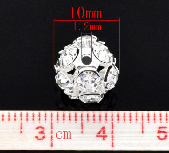 Image de Perle en Laiton Balle Argenté à Strass Transparent 10mm Dia, Taille de Trou: 1.2mm, 10 PCs                                                                                                                                                                    