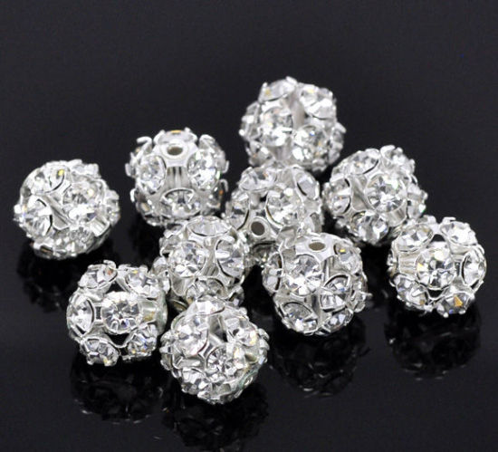 Image de Perle en Laiton Balle Argenté à Strass Transparent 10mm Dia, Taille de Trou: 1.2mm, 10 PCs                                                                                                                                                                    