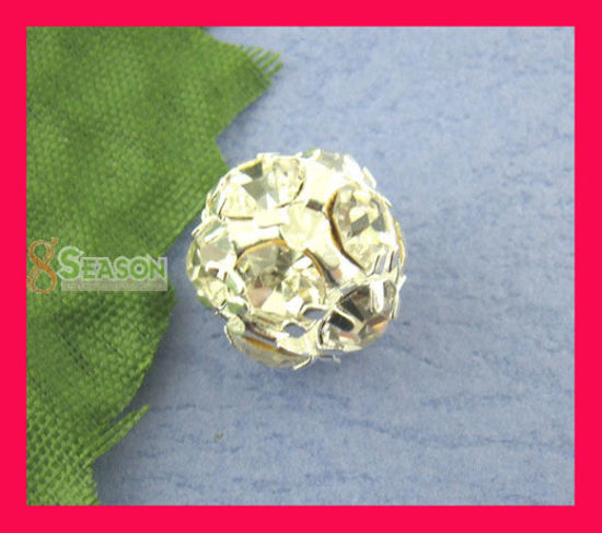 Image de Perle en Laiton Balle Argenté à Strass Transparent 10mm Dia, Taille de Trou: 1.2mm, 10 PCs                                                                                                                                                                    