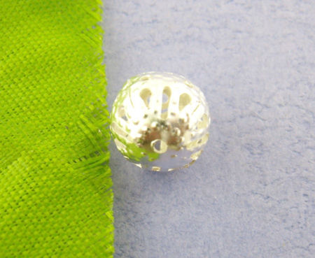 Picture of 100 PCs Iron Based Alloy Spacer Beads For DIY Jewelry Making Silver Plated Ball Filigree Hollow About 8mm Dia., Hole: Approx 0.8mm