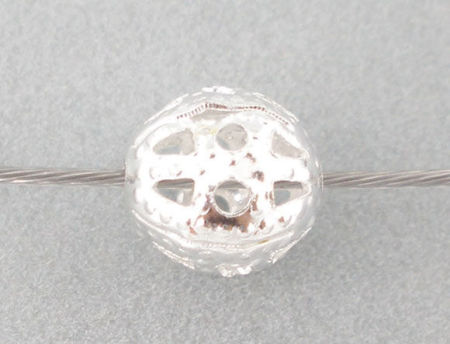 Picture of 300 PCs Iron Based Alloy Spacer Beads For DIY Jewelry Making Silver Plated Ball Filigree Hollow About 6mm Dia., Hole: Approx 0.6mm