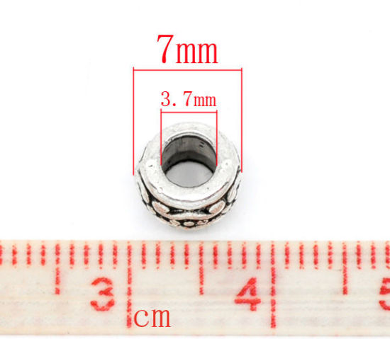 亜鉛合金 スペーサ ビーズ バレル 銀古美 約7mm x 5mm、 　穴：約3.7mm、 50 PCs の画像
