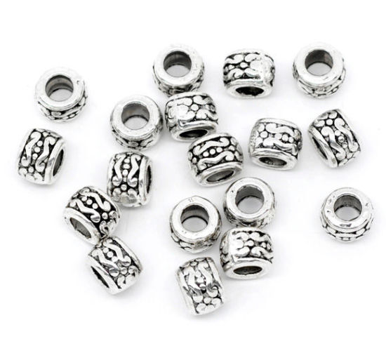 亜鉛合金 スペーサ ビーズ バレル 銀古美 約7mm x 5mm、 　穴：約3.7mm、 50 PCs の画像