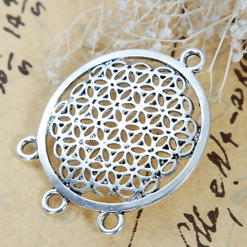 Picture of Zinc Based Alloy Flower Of Life Chandelier Connectors Findings Round Antique Silver Color 37mm x 29mm, 5 PCs