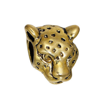 Picture of Zinc Based Alloy 3D Charm Beads Leopard Animal Gold Tone Antique Gold About 13mm x 12mm, 10 PCs