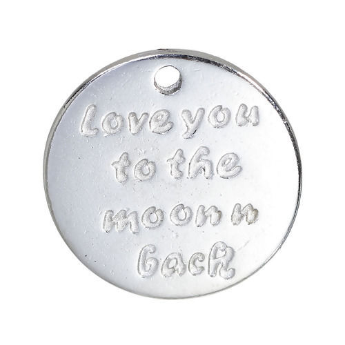Bild von Zinklegierung Anhänger Mond Silberfarbe Message " Love you to the moon n back " 17mm D., 20 Stücke