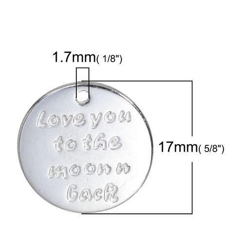 Picture of Zinc Based Alloy Charms Moon Silver Tone Message " Love you to the moon n back " Carved 17mm( 5/8") Dia, 20 PCs