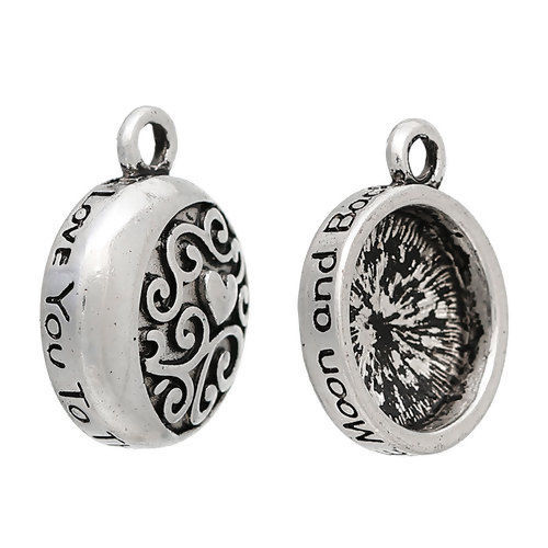 Picture of Zinc Based Alloy Charms Moon Heart Antique Silver Color Message " I love you to the moon and back " Carved 18mm( 6/8") x 14mm( 4/8"), 10 PCs