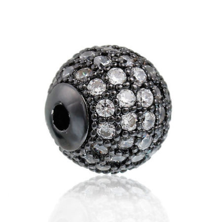 Brass Micro Pave Beads Ball Gunmetal Clear Cubic Zirconia About 10mm( 3/8") Dia, Hole: Approx 2mm( 1/8"), 1 Piece